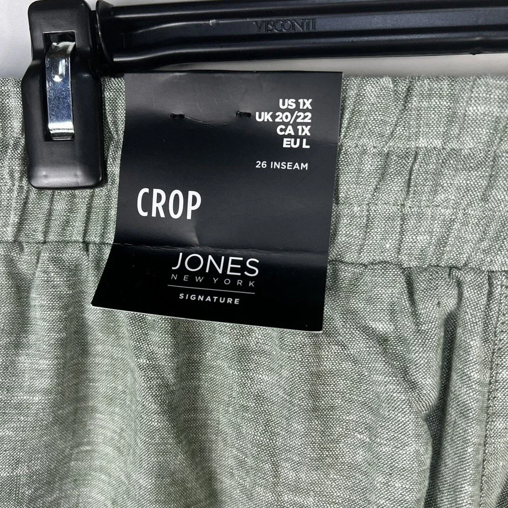 Jones New York Women 1X Crop Ankle Pants Linen Blend green White Cuffed elastic - Picture 8 of 9